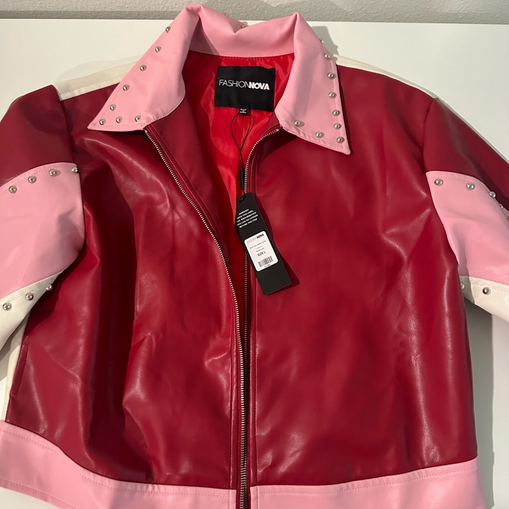 Pink and red leather moto studded jacket
